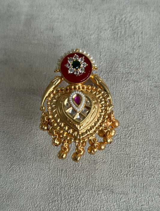 Ayura Designs Sorcha Adjustable Ring – Ruby Red Enamel, Pearl Detailing, Antique Gold & Mirror-Cut Stones