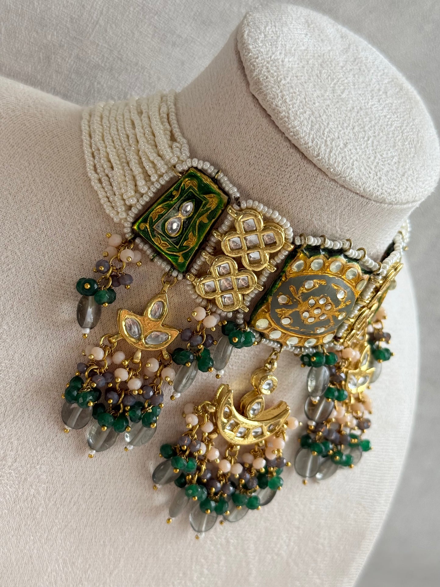 Ayura Designs Rehma Meenakari Kundan Choker Set with Earrings – Emerald Green & Pearl Bead Detailing
