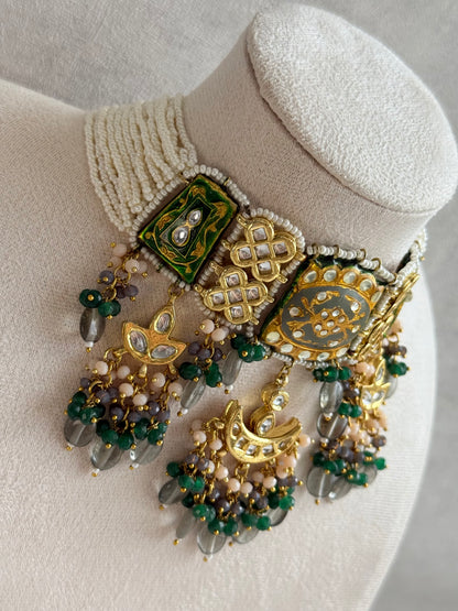 Ayura Designs Rehma Meenakari Kundan Choker Set with Earrings – Emerald Green & Pearl Bead Detailing
