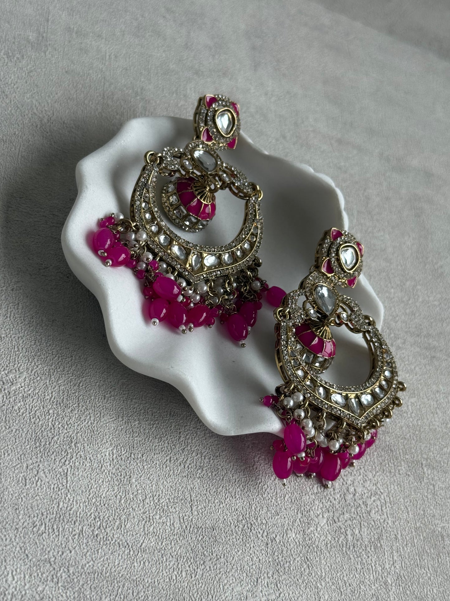 Ayura Designs Reha Earrings – Statement Chandbalis with Hot Pink Beads, Pearls & Mirror-Cut Stones
