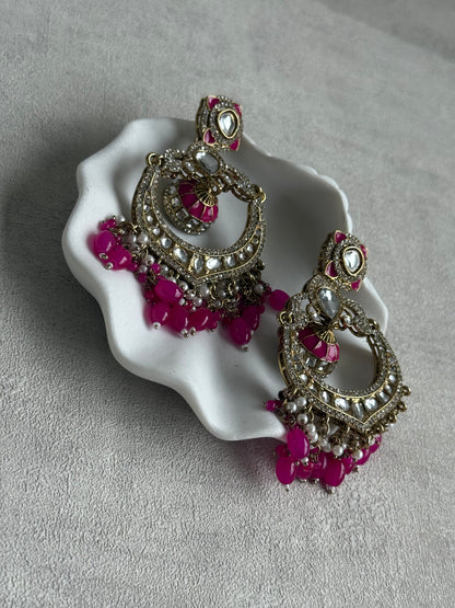 Ayura Designs Reha Earrings – Statement Chandbalis with Hot Pink Beads, Pearls & Mirror-Cut Stones