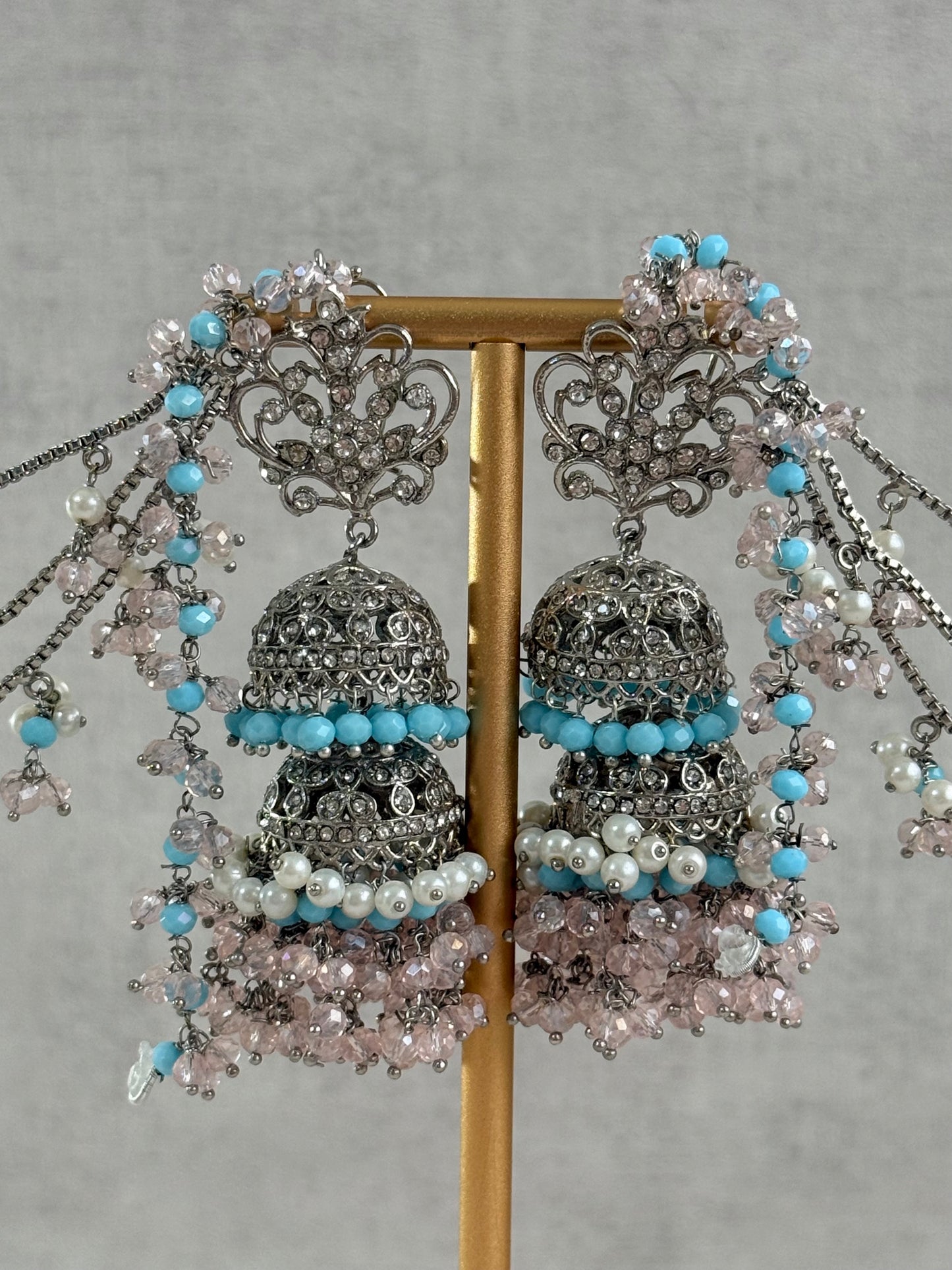 Ayura Designs Arasi Set with Choker, Passa, Tikka & Sahare Jhumkis – Antique Silver with Blush Pink Crystals, Aqua Blue Beads & Ivory Pearls