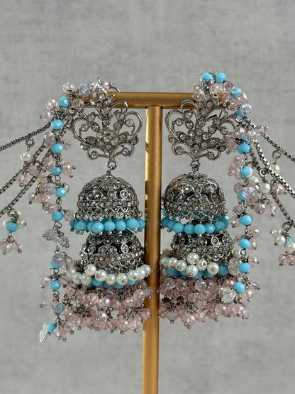 Ayura Designs Arasi Set with Choker, Passa, Tikka & Sahare Jhumkis – Antique Silver with Blush Pink Crystals, Aqua Blue Beads & Ivory Pearls