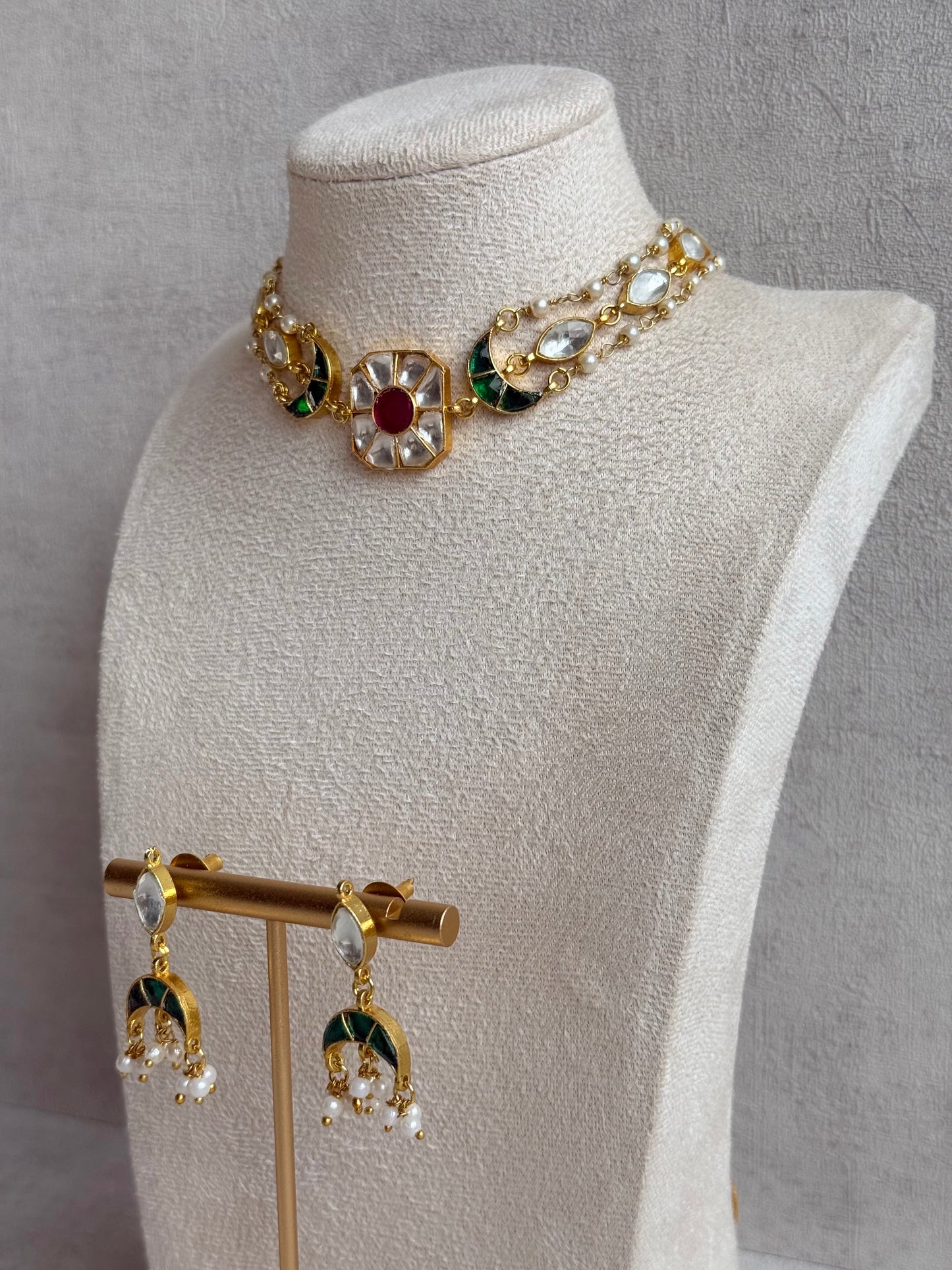 Ayura Designs Mahi Choker Set with Earrings – Meenakari Kundan Green & Pink Detailing