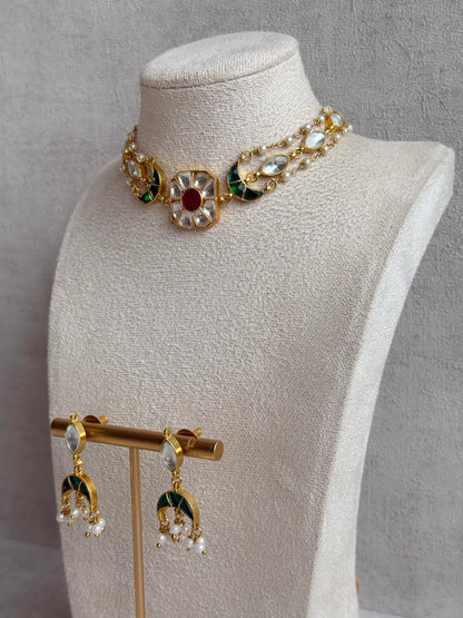 Ayura Designs Mahi Choker Set with Earrings – Meenakari Kundan Green & Pink Detailing