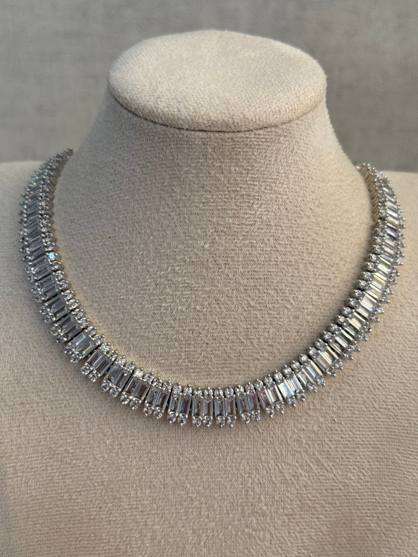 Ayura Designs Isadora Set with Necklace & Stud Earrings – Silver Finish with Baguette-Cut Crystals