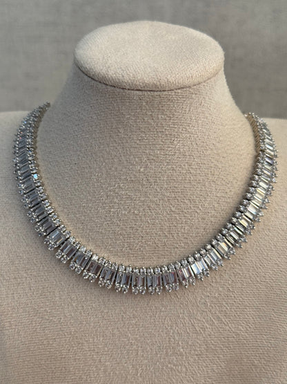 Ayura Designs Isadora Set with Necklace & Stud Earrings – Silver Finish with Baguette-Cut Crystals