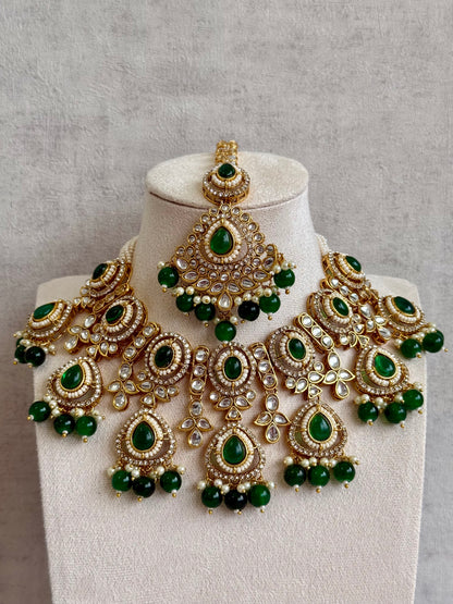 Ayura Designs Janvi Set with Necklace, Earrings & Tikka – Kundan Detailing, Emerald Green Beads & Pearls Drops