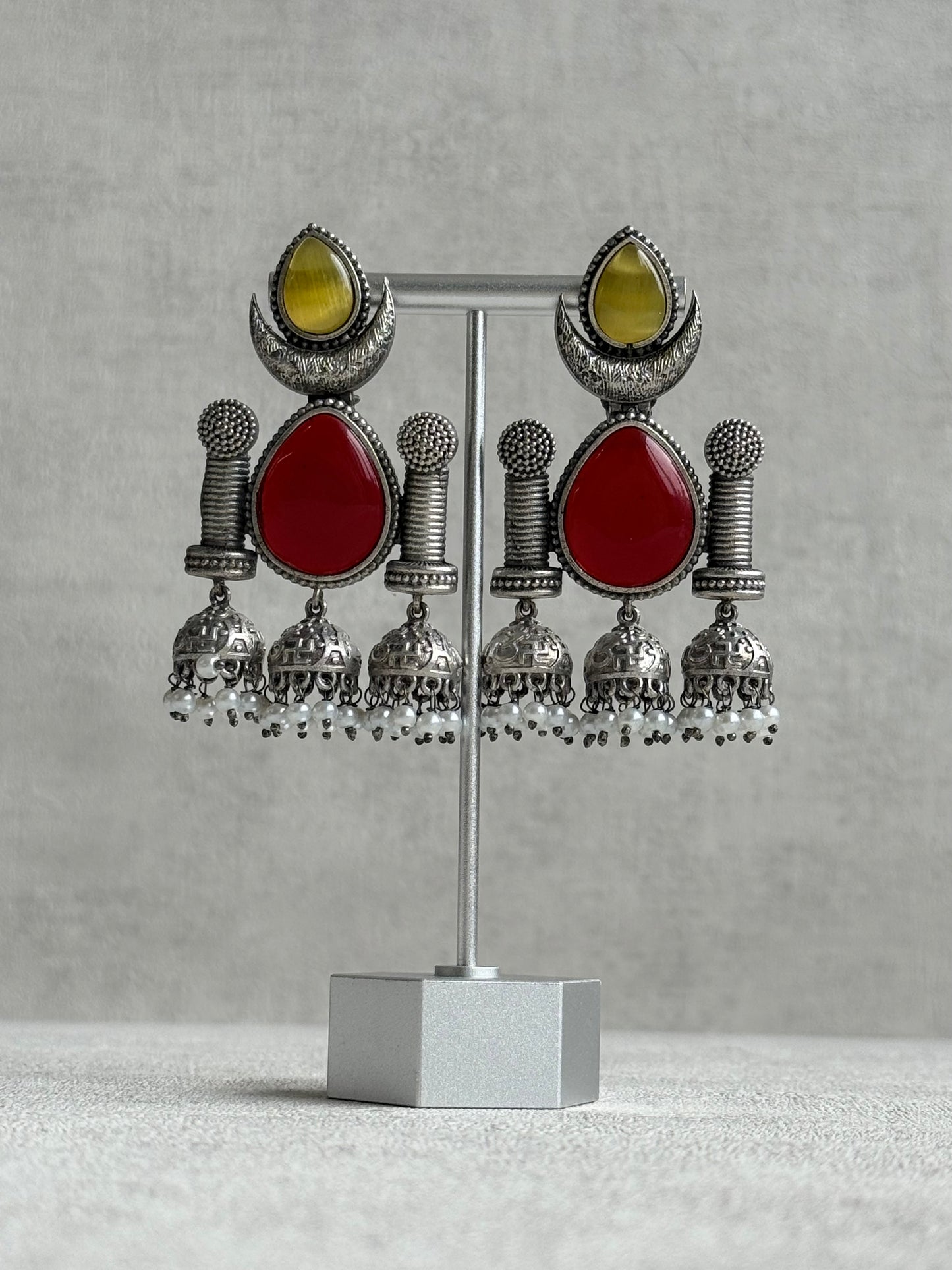 Ayura Designs Qissa Earrings – Oxidised Triple Jhumki Earrings with Ruby Red Stones & Pearl Detailing