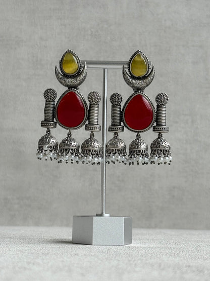 Ayura Designs Qissa Earrings – Oxidised Triple Jhumki Earrings with Ruby Red Stones & Pearl Detailing