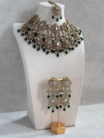 Ayura Designs Fazal Set with Necklace, Earrings & Tikka – Emerald Green Drops, Pearl Detailing & Moissanite Stonework