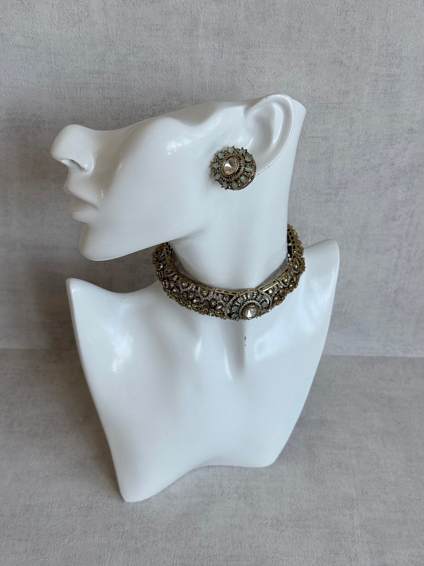 Ayura Designs Genevieve Choker Set with Studs – Mint Crystal Kundan in Antique Gold