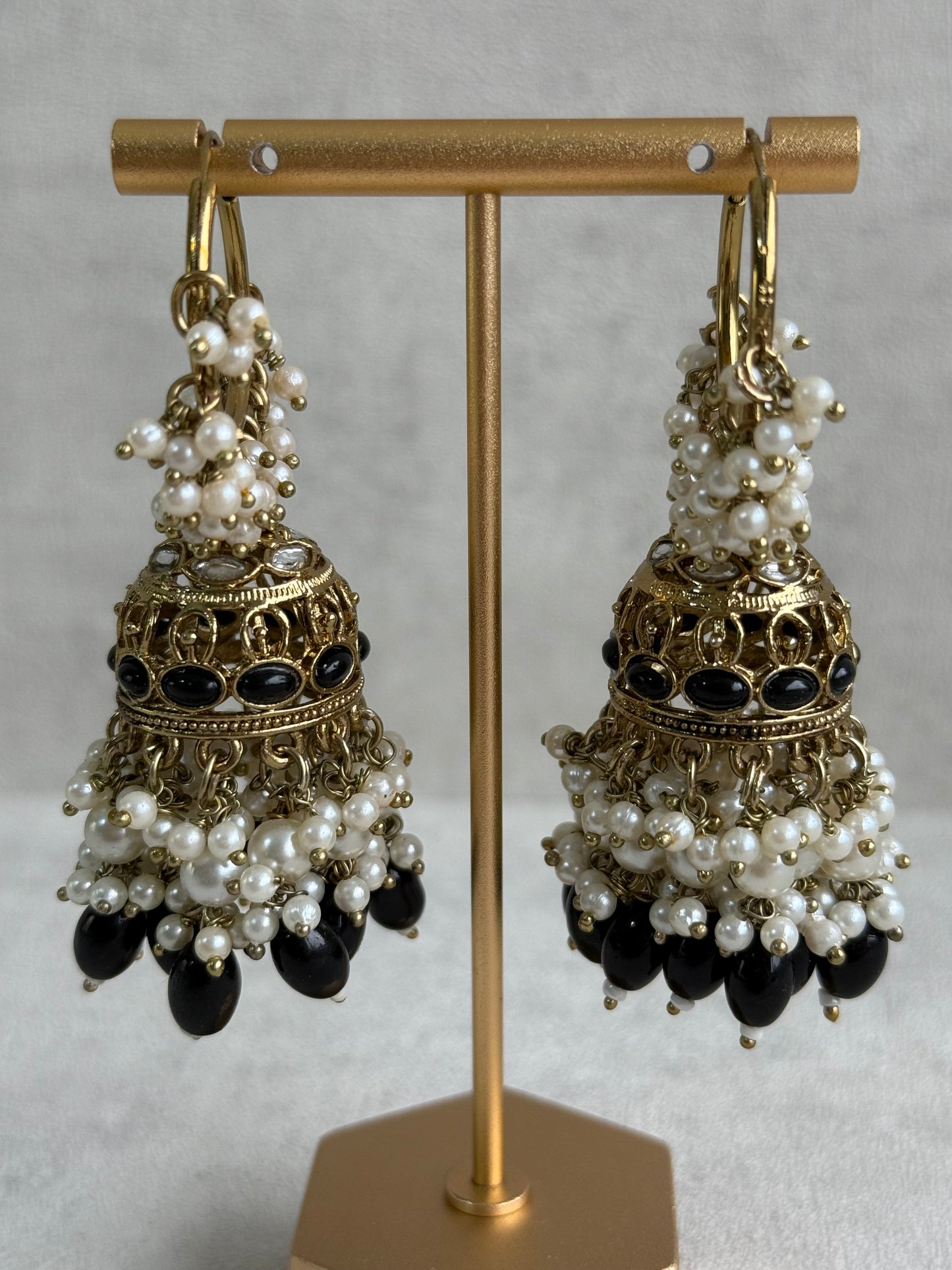 Ayura Designs Jugni Jhumkis – Antique Gold Balis with Black Beads & Pearl Clusters