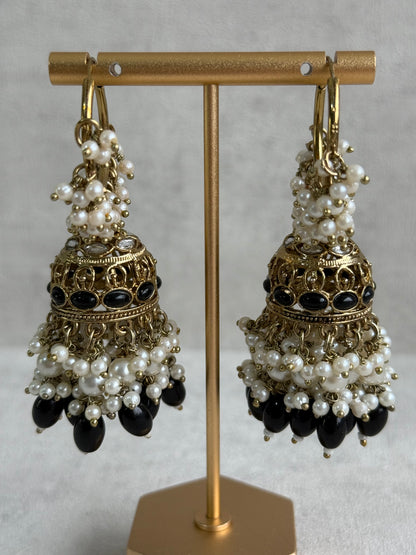 Ayura Designs Jugni Jhumkis – Antique Gold Balis with Black Beads & Pearl Clusters