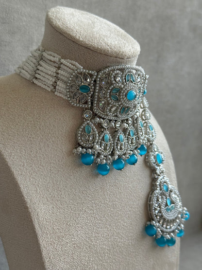 Ayura Designs Zarlish Set – Choker, Earrings & Tikka with Mirror-Cut Stones, Aqua Blue Beads & Silver Finish