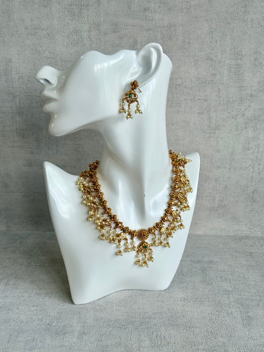 Ayura Designs Ilaa Set – Necklace & Earrings with Pink & Green Stone Accents, Pearl Drops & Antique Gold Finish