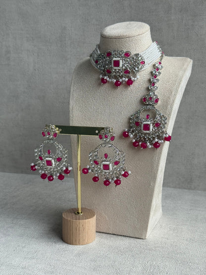 Ayura Designs Geet Set – Choker, Earrings & Tikka with Fuchsia Stones, Pearls & Silver Finish