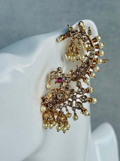 Ayura Designs Megha Half Ear Cuff Earrings – Gold Peacock Motif with Kundan Crystals, Pink Stone Accents & Pearl Jhumka Drops