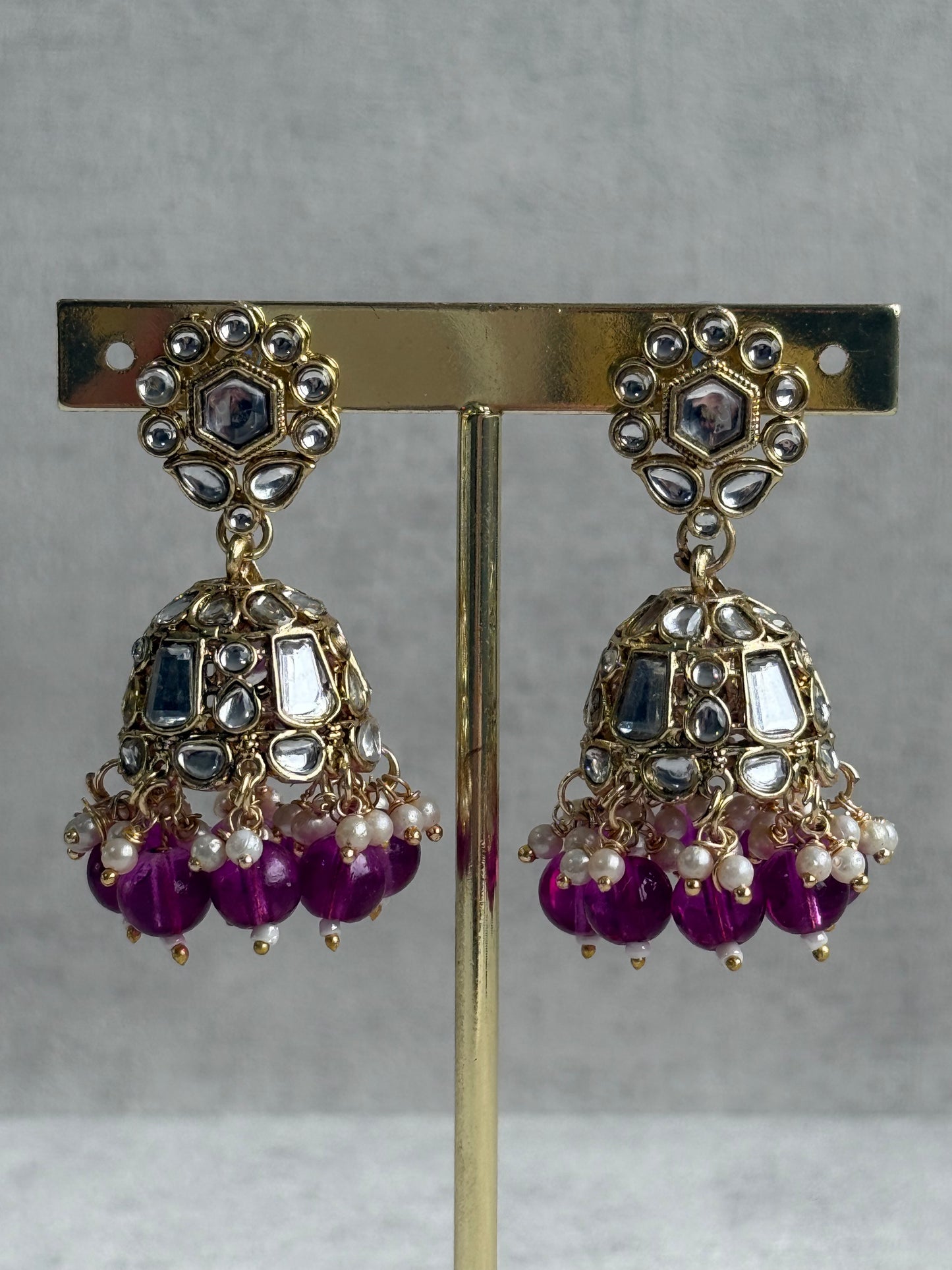 Ayura Designs Shaheen Set with Jhumkis & Tikka – Magenta Beads, Mirror Kundan & Gold Finish