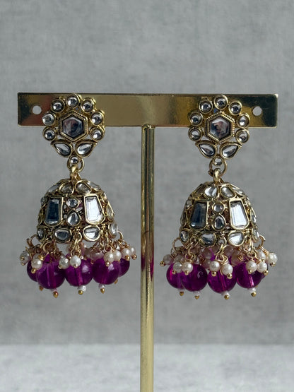 Ayura Designs Shaheen Set with Jhumkis & Tikka – Magenta Beads, Mirror Kundan & Gold Finish
