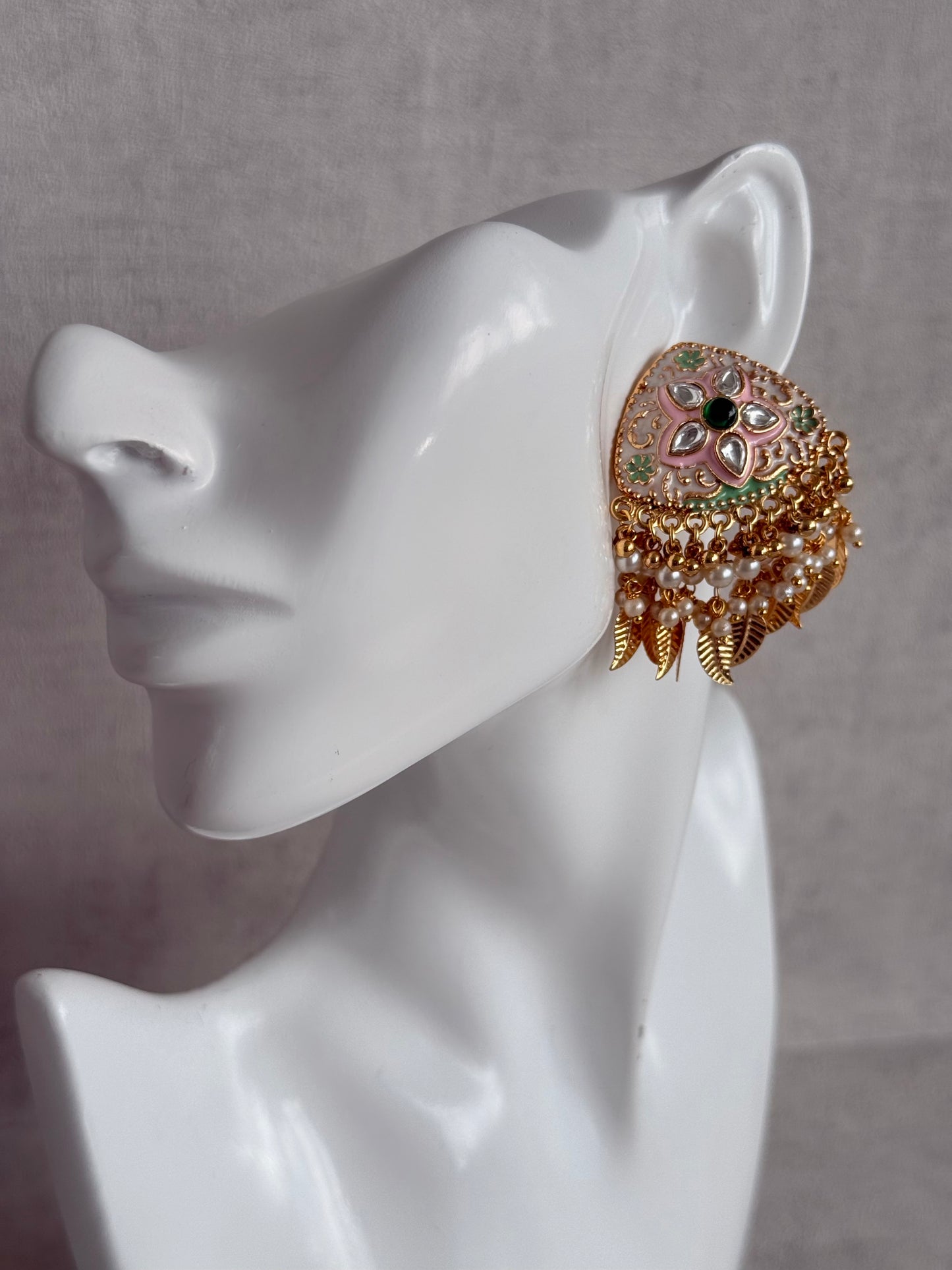 Ayura Designs Rozina Earrings – Floral Meenakari Earrings with Emerald Green Centre Stone, Pearl Clusters & Gold Leaf Charms