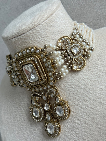 Ayura Designs Nabiha Choker Set with Studs – Ivory Pearl, Crystal Detailing & Gold Finish