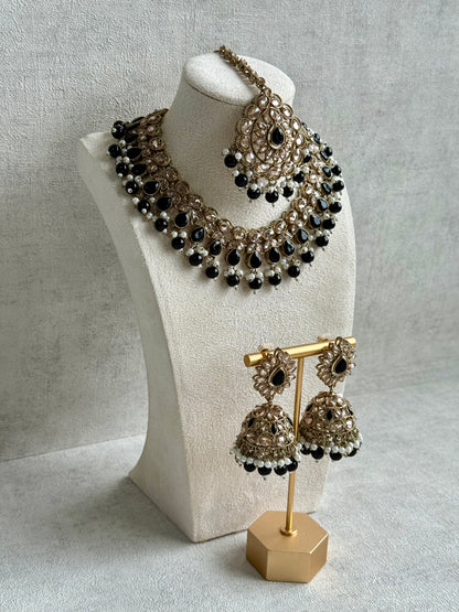 Ayura Designs Emaan Set with Jhumkis & Tikka – Black Beads, Mirror-Cut Stones & Antique Gold Finish