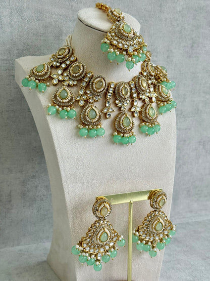 Ayura Designs Janvi Set with Necklace, Earrings & Tikka – Kundan Detailing, Mint Green Beads & Pearls Drops