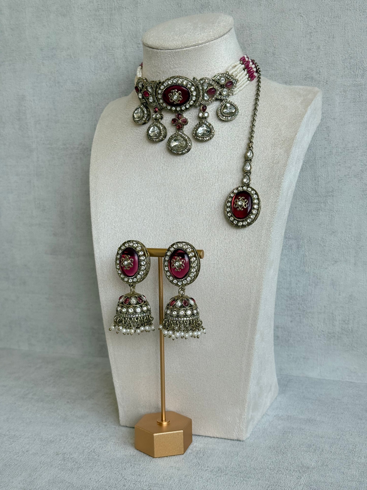 Ayura Designs Myra Choker Set with Earrings & Tikka – Ruby Pink Kundan & Pearl Detailing