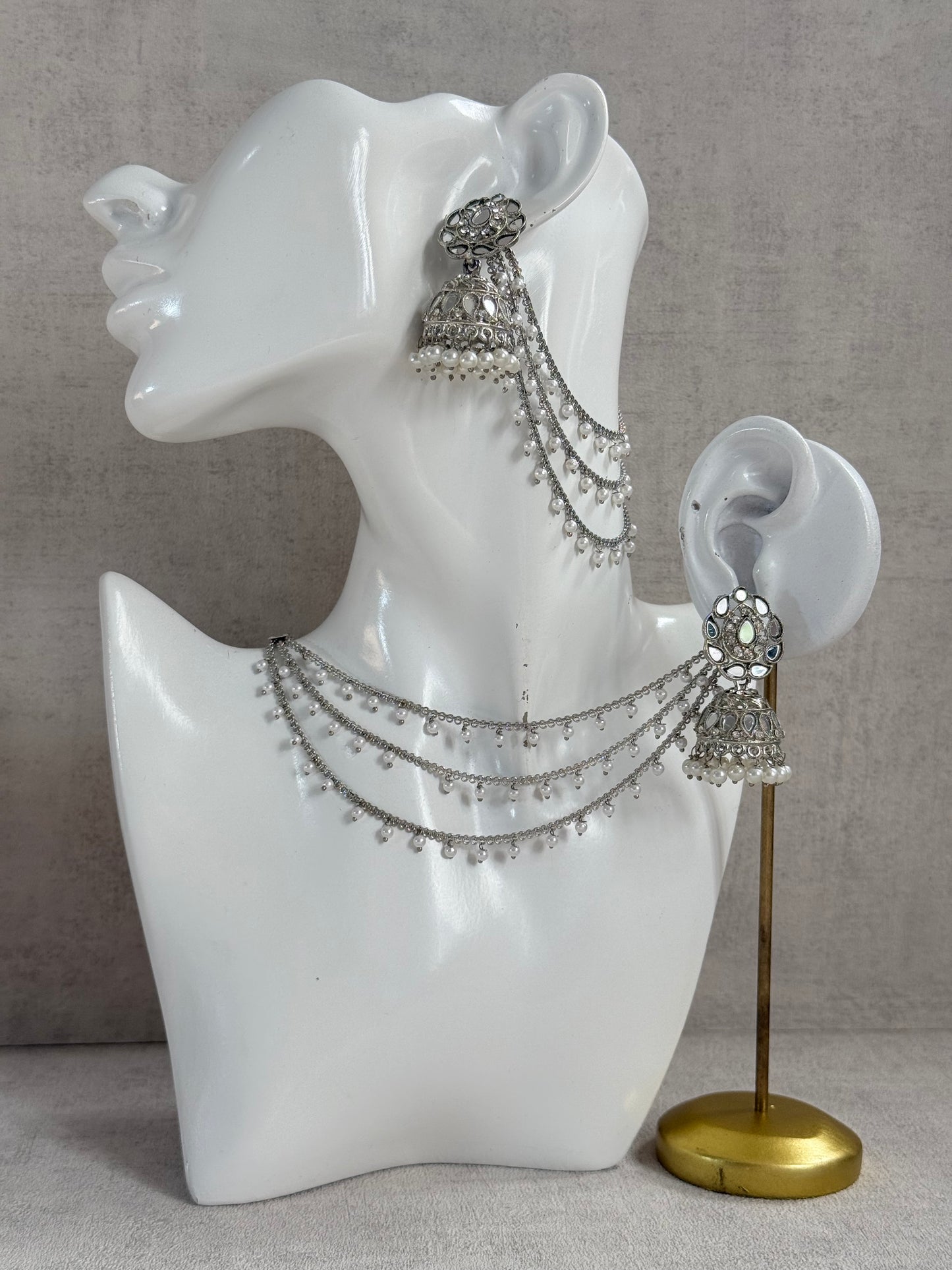 Ayura Designs Aiyana Jhumkis – Silver Mirror-Cut Earrings with Detachable Triple-Layer Pearl Sahare