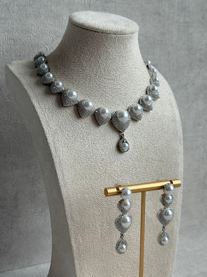 Ayura Designs Juliette Set with Necklace & Drop Earrings – Silver Crystal & Pearl Statement Set