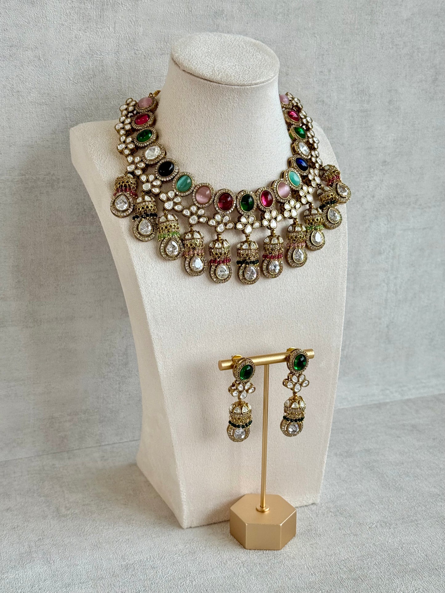 Ayura Designs Imara Set with Necklace & Jhumkis – Multicolour Stones with Kundan Detailing & Crystal Drop