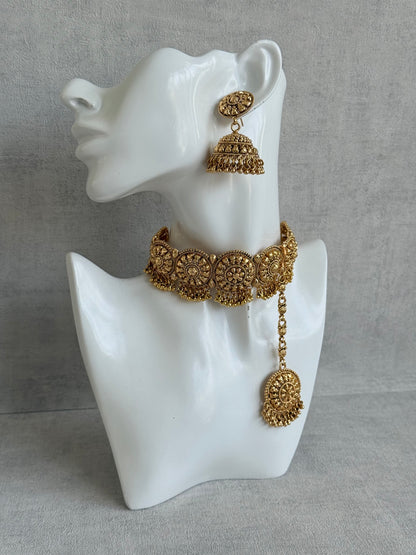 Ayura Designs Nawabi Choker Set with Jhumkis & Tikka – Traditional Gold Tone Bridal Choker with Floral Motifs & Ghungroo Detailing