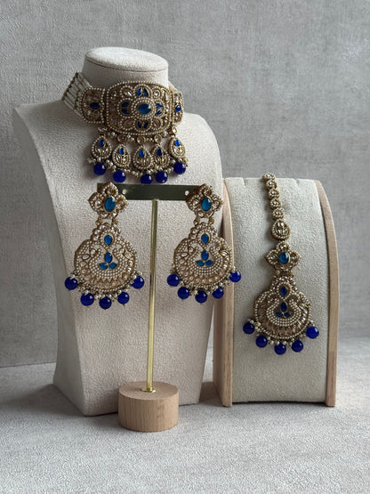 Ayura Designs Zarlish Set – Choker, Earrings & Tikka with Mirror-Cut Stones, Ink Blue Beads & Gold Finish