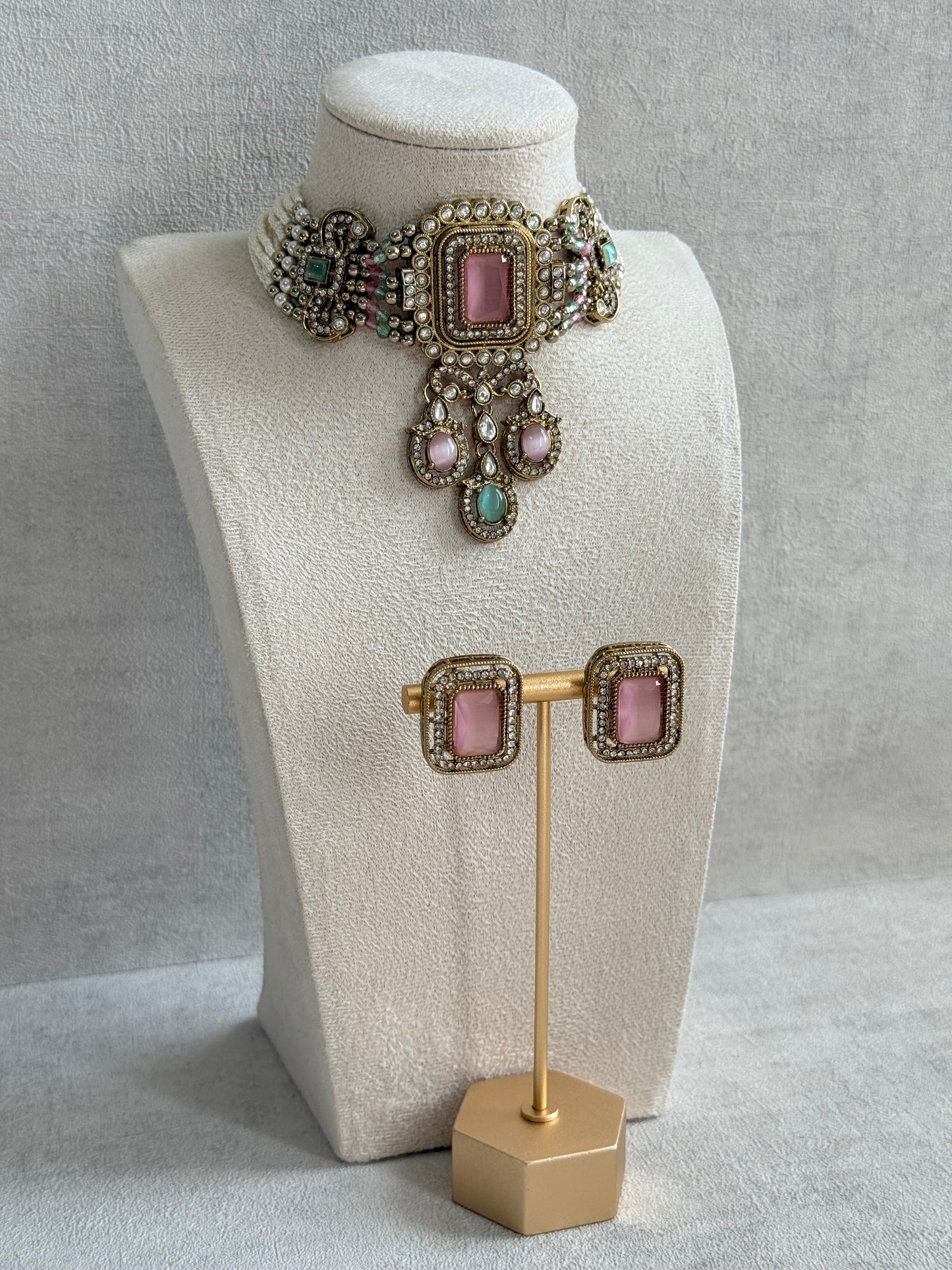 Ayura Designs Nabiha Choker Set with Studs – Blush Pink & Mint Green, Crystal Detailing & Gold Finish