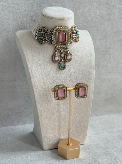Ayura Designs Nabiha Choker Set with Studs – Blush Pink & Mint Green, Crystal Detailing & Gold Finish