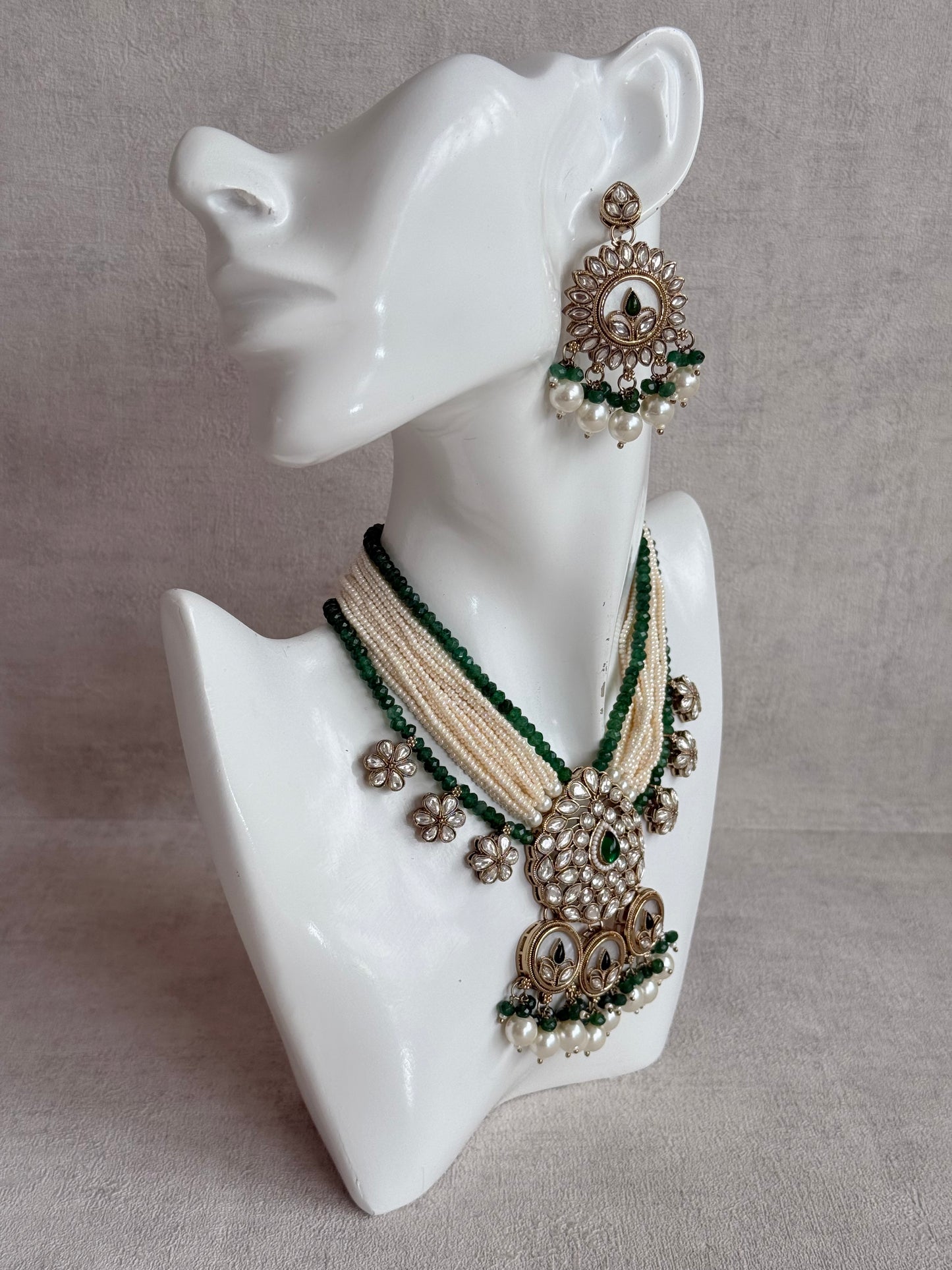 Ayura Designs Callie Set with Earrings – Emerald Green, Ivory Pearl & Jadau Detailing