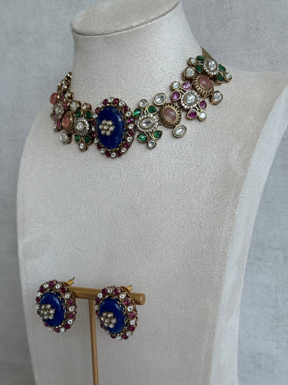 Ayura Designs Nova Necklace Set with Stud Earrings – Sapphire Blue Centre Stone, Kundan Detailing & Multicolour Gemstone Accents