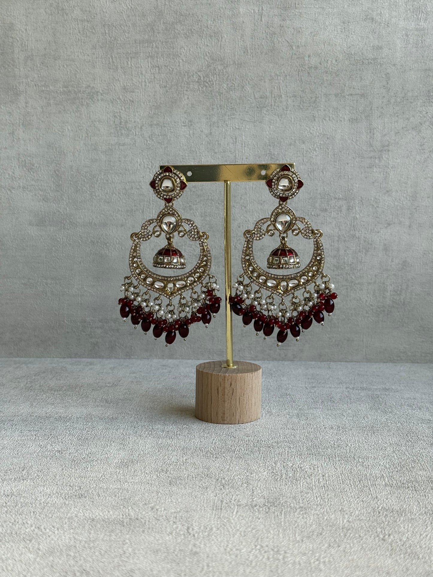 Ayura Designs Reha Earrings – Statement Chandbalis with Maroon Beads, Pearls & Mirror-Cut Stones