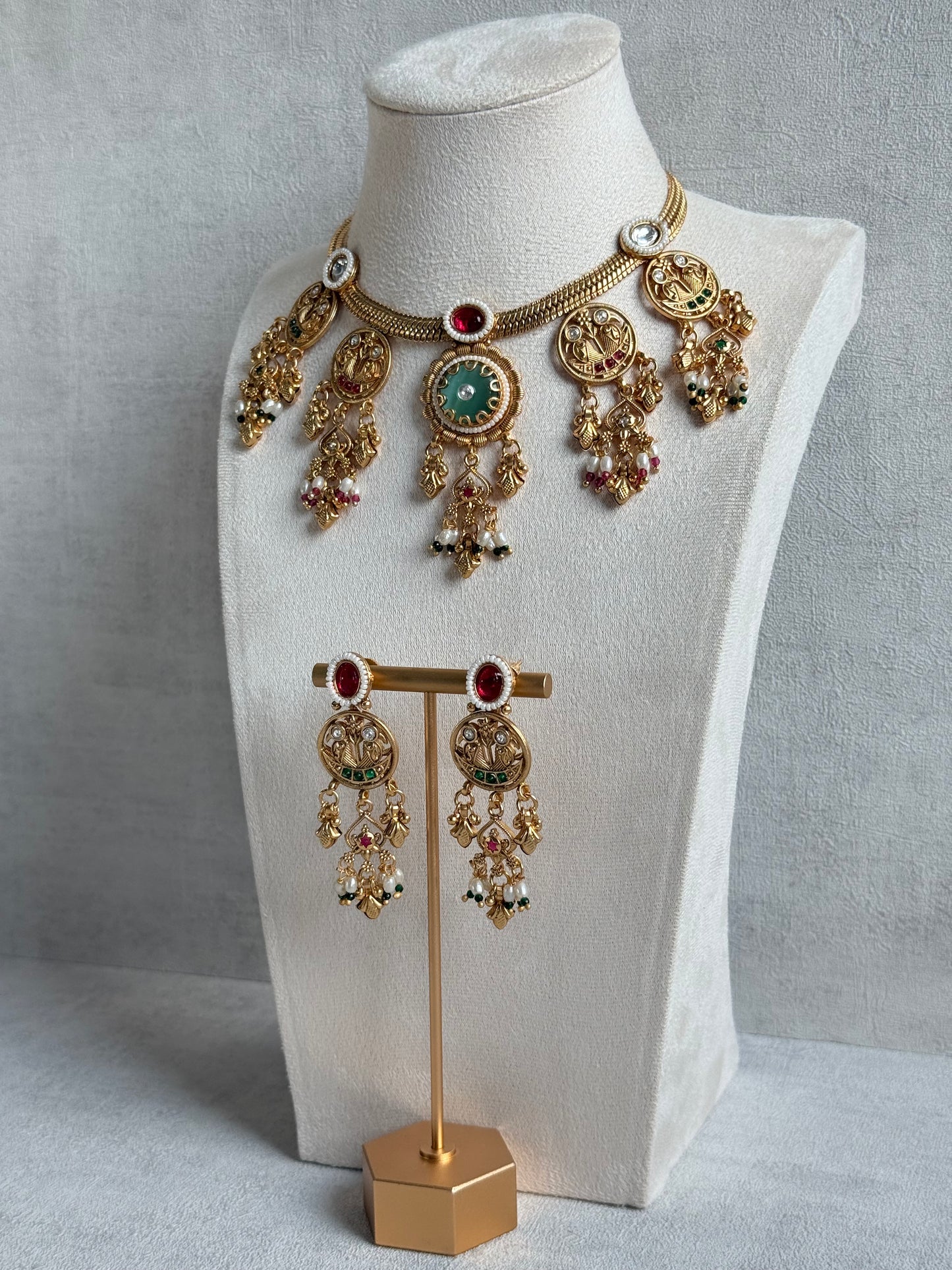 Ayura Designs Parchhai Necklace Set with Earrings – Mint Green, Ruby Red & Emerald Green Stones, Bird Motifs & Pearl Detailing
