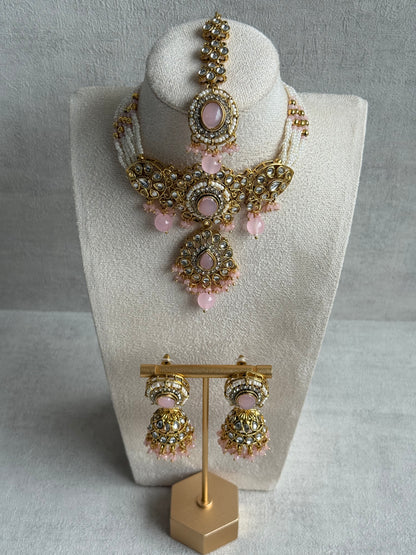 Ayura Designs Muskaan Set – Choker, Jhumkis & Tikka with Blush Pink Beads, Kundan Stones & Antique Gold Finish
