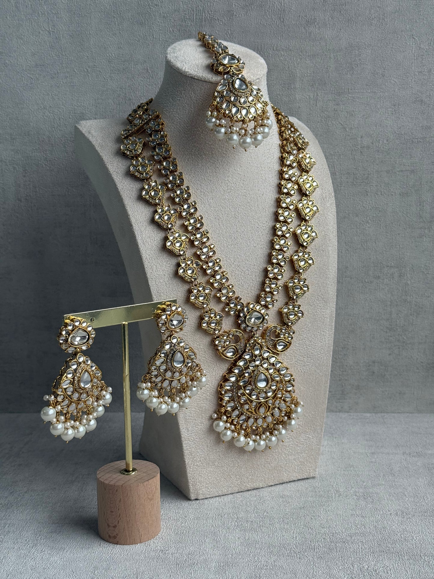 Ayura Designs Javeria Set with Earrings & Tikka – Ivory Pearls, Mirror Kundan & Gold Finish