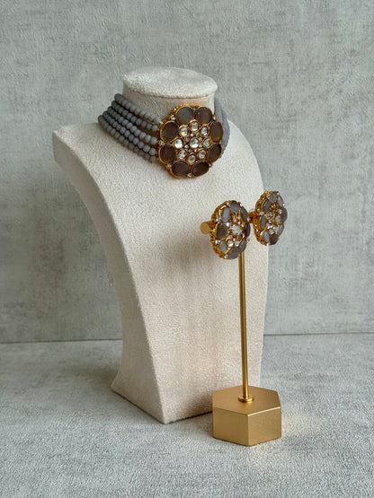Ayura Designs Yasmin Kundan Choker Set with Studs – Slate Grey Beads & Mirror-Cut Stones