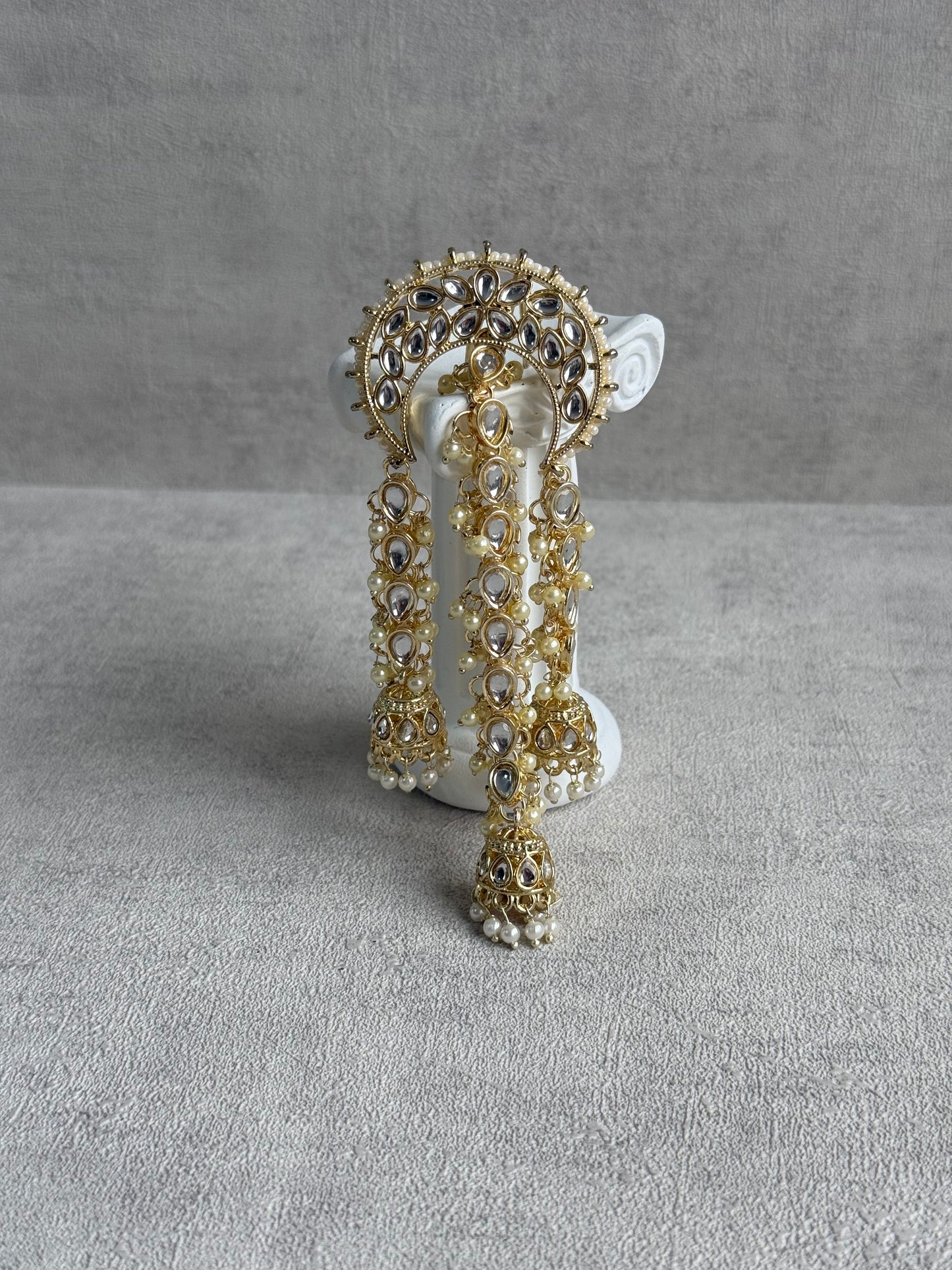 Ayura Designs Enjal Hair Brooch – Crescent Polki Design with Jhumki Tassels & Pearl Detailing