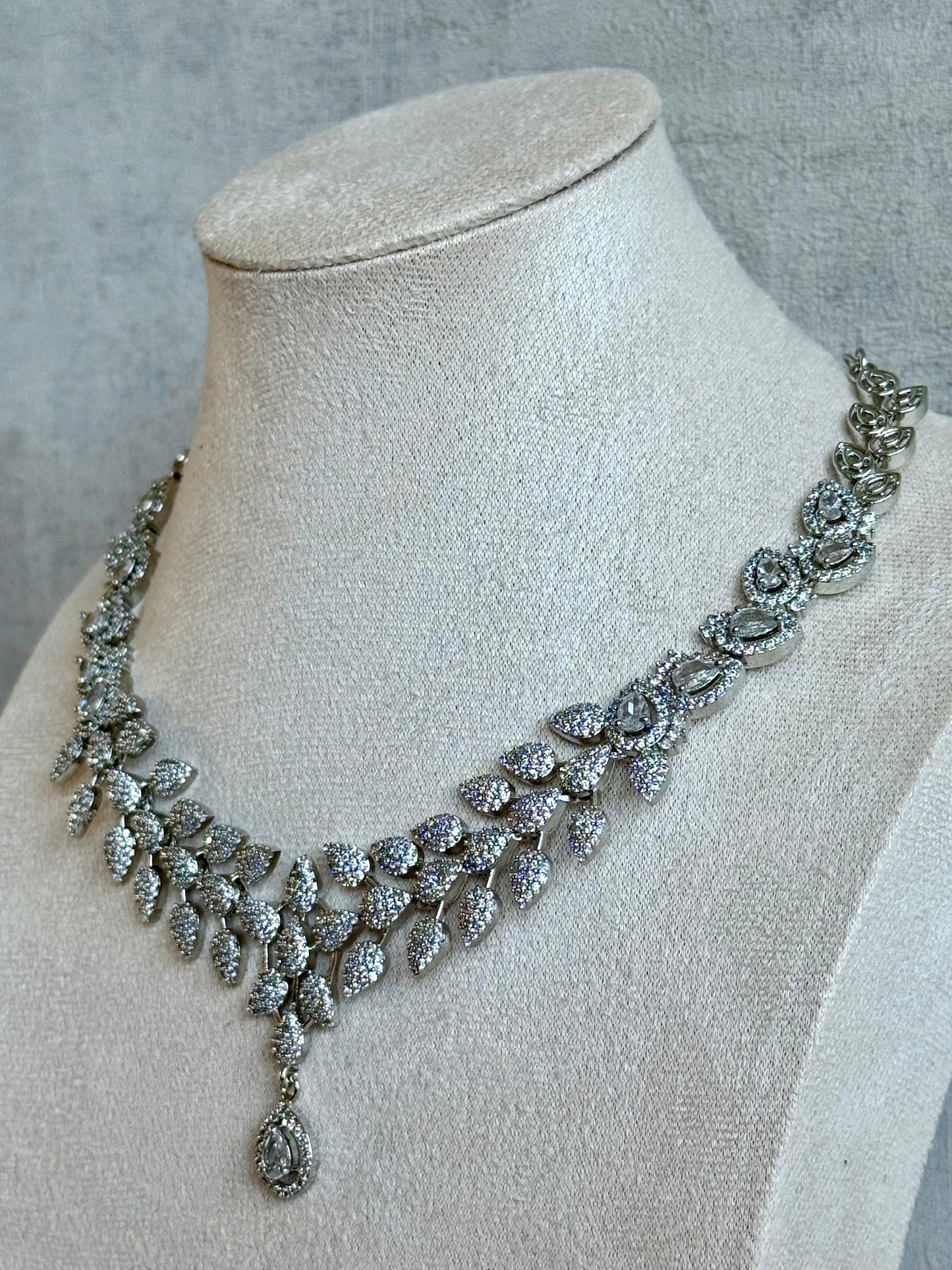 Ayura Designs Vivienne Set with Necklace & Earrings – Silver Finish with Teardrop Crystals and Clustered Leaf Detailing