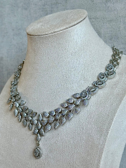 Ayura Designs Vivienne Set with Necklace & Earrings – Silver Finish with Teardrop Crystals and Clustered Leaf Detailing