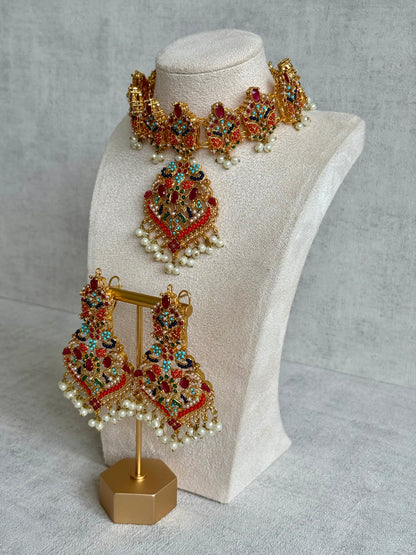 Ayura Designs Itrat Set with Choker, Earrings & Tikka – Antique Gold with Multicolour Stones & Pearl Detailing
