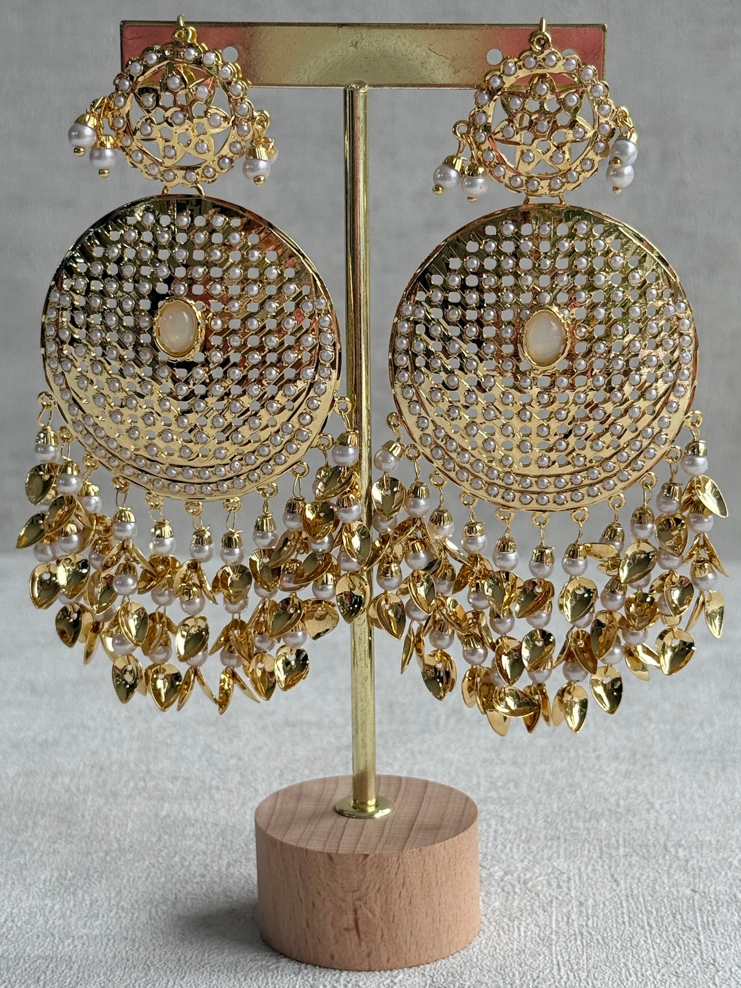 Ayura Designs Seerat Earrings – Ivory Gold Pippal Patti Design with Pearls