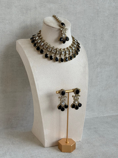 Ayura Designs Ava Necklace Set with Earrings & Tikka – Black Stone & Mirror-Cut Necklace Set in Antique Gold Finish