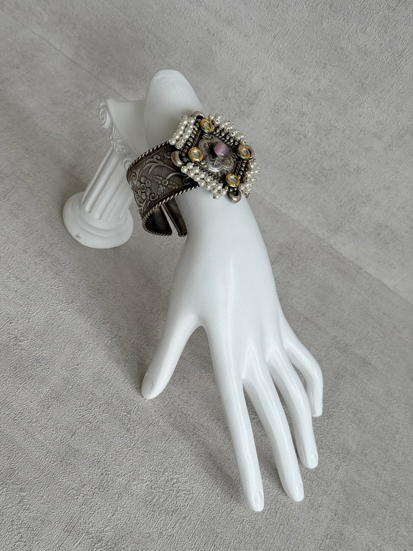 Ayura Designs Suhani Adjustable Kashmiri Cuff Bracelet – Pearl Floral Motif with Pink Stone & Kundan Detailing